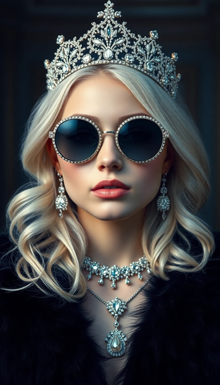 HD iPhone AI Young Platinum Blonde Queen in Black Fur Luxurious Wallpaper Stock Image